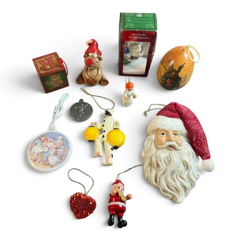 Vintage Christmas Ornament Lot Santa Claus Reindeer Clown Angel Kitsch 11 pieces